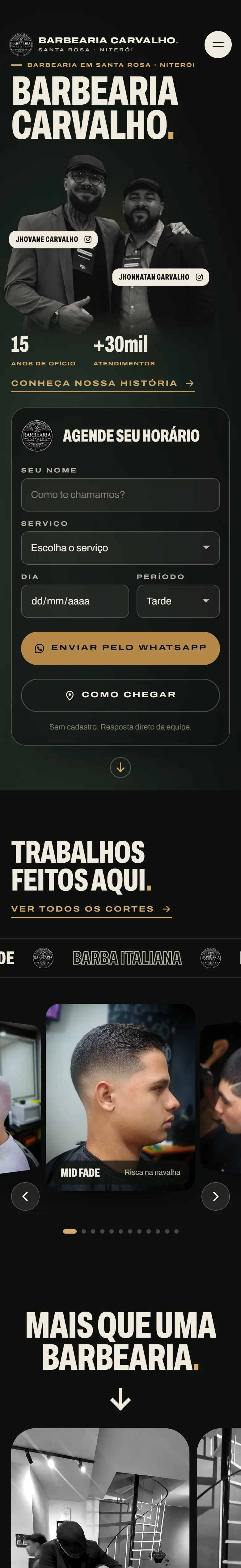 Página inicial da Barbearia Carvalho no celular: o nome da barbearia, os fundadores e o formulário de agendamento com o botão de enviar pelo WhatsApp.