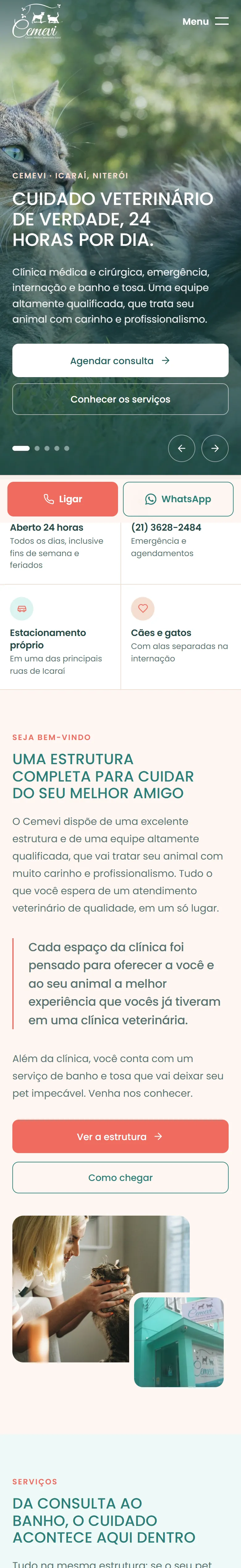 Página inicial do Cemevi no celular: a manchete, a foto do cão e os botões de agendar, ligar e chamar no WhatsApp.