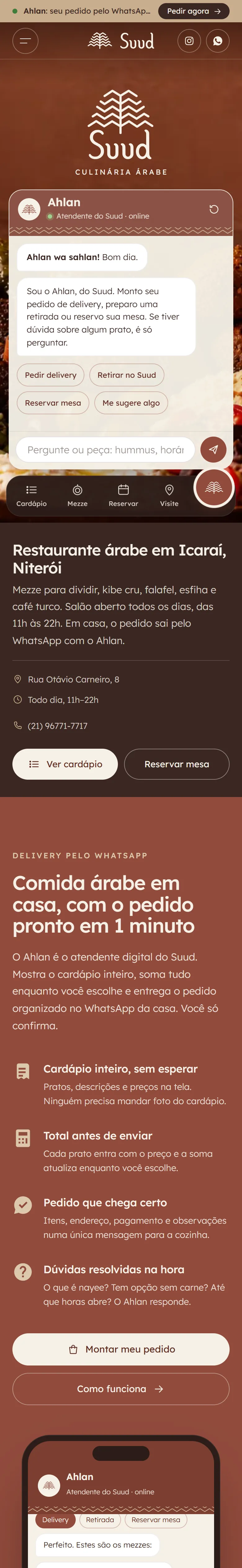 Página inicial do Suud no celular: o logo sobre a foto, o atendente Ahlan com os atalhos de pedido e reserva, e o endereço com o horário.